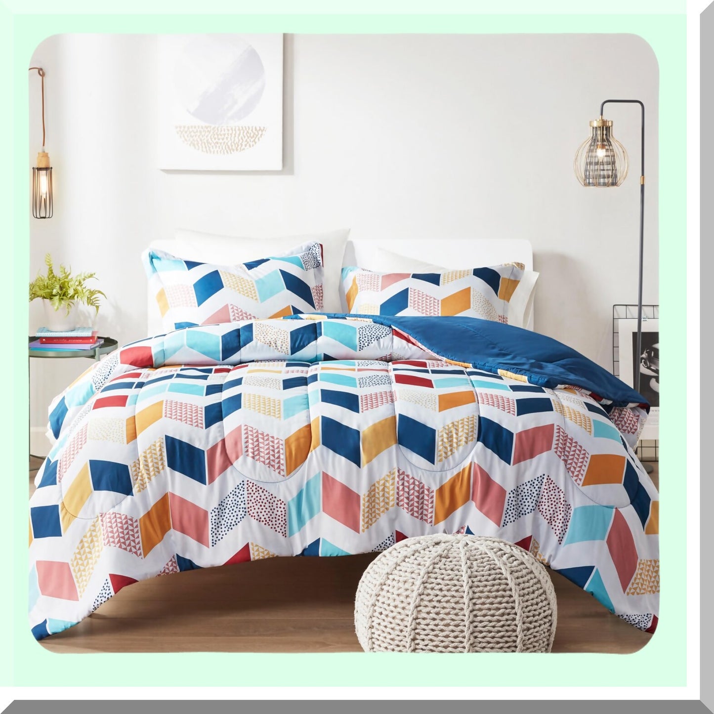 Vibrant Chevron Comforter Set - All Season Down Alternative Bedding with Matching Sham - Twin/Twin XL - Cozy Ruching Design - Multi/Aqua - 2 Piece