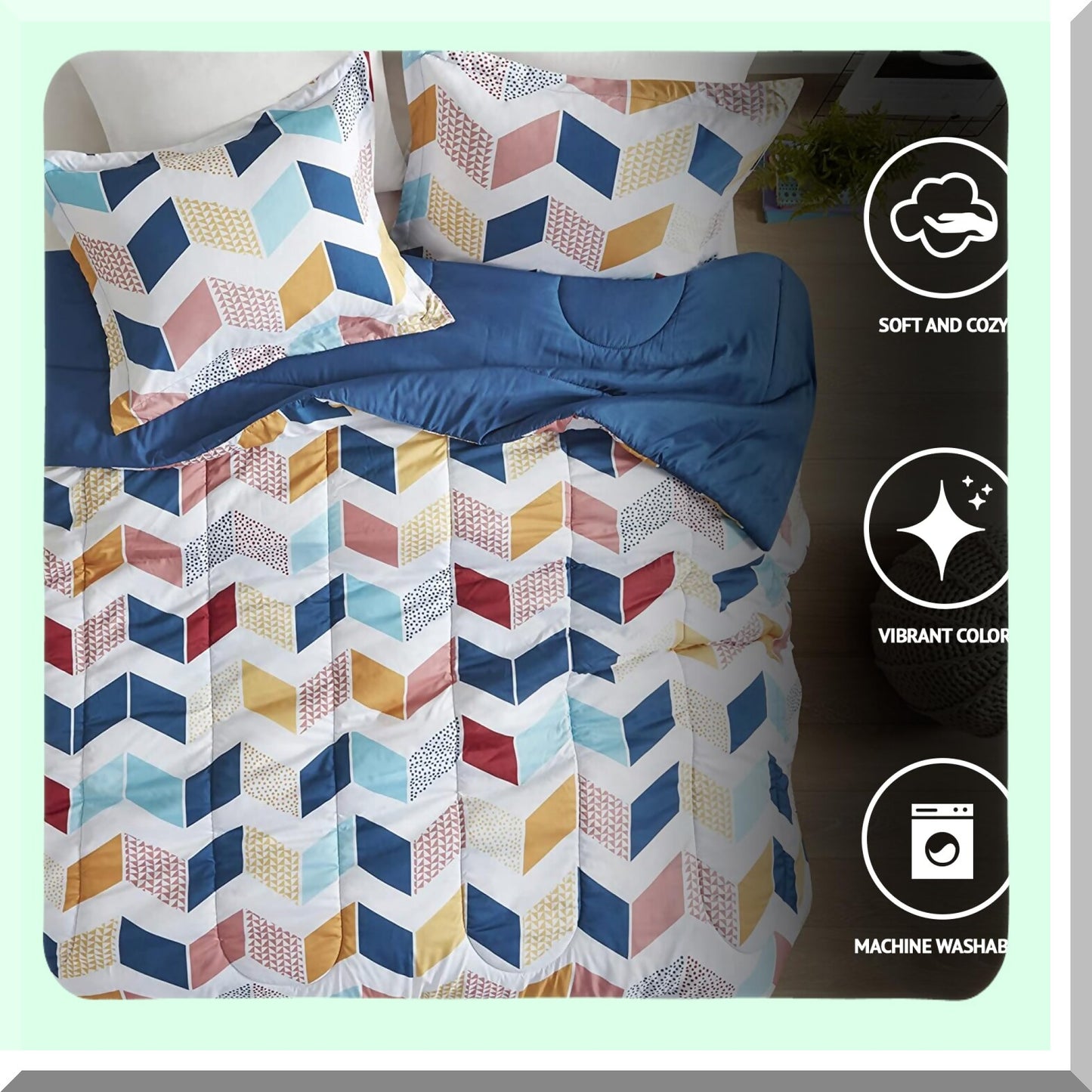 Vibrant Chevron Comforter Set - All Season Down Alternative Bedding with Matching Sham - Twin/Twin XL - Cozy Ruching Design - Multi/Aqua - 2 Piece