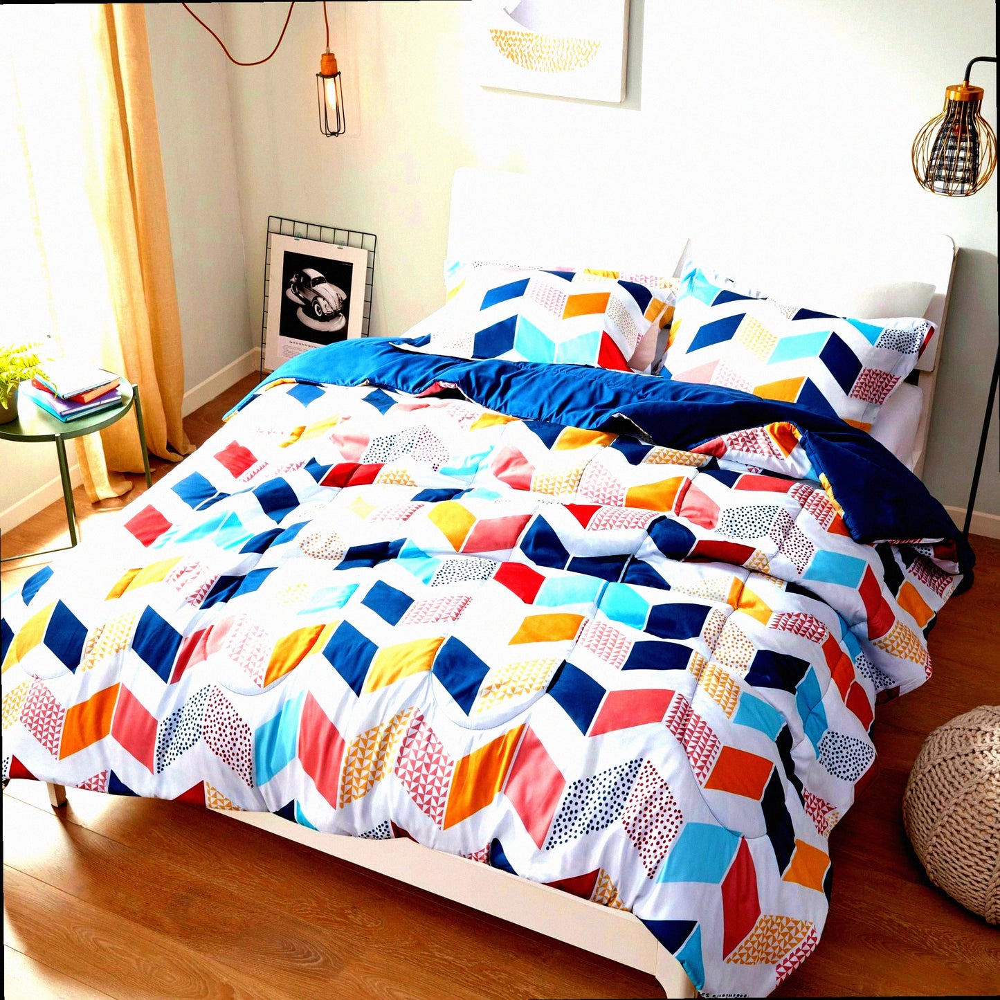 Vibrant Chevron Comforter Set - All Season Down Alternative Bedding with Matching Sham - Twin/Twin XL - Cozy Ruching Design - Multi/Aqua - 2 Piece