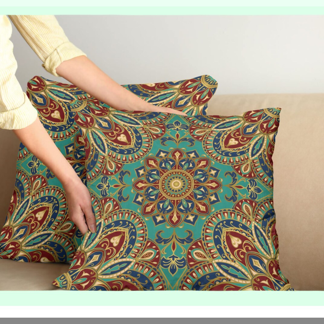 Medieval Motif Ethnic Throw Pillow Cover Set - Pack of 2, Double-Sided Digital Print Decor, Zippered Cushion Case, 18" Teal Indigo Pattern Style