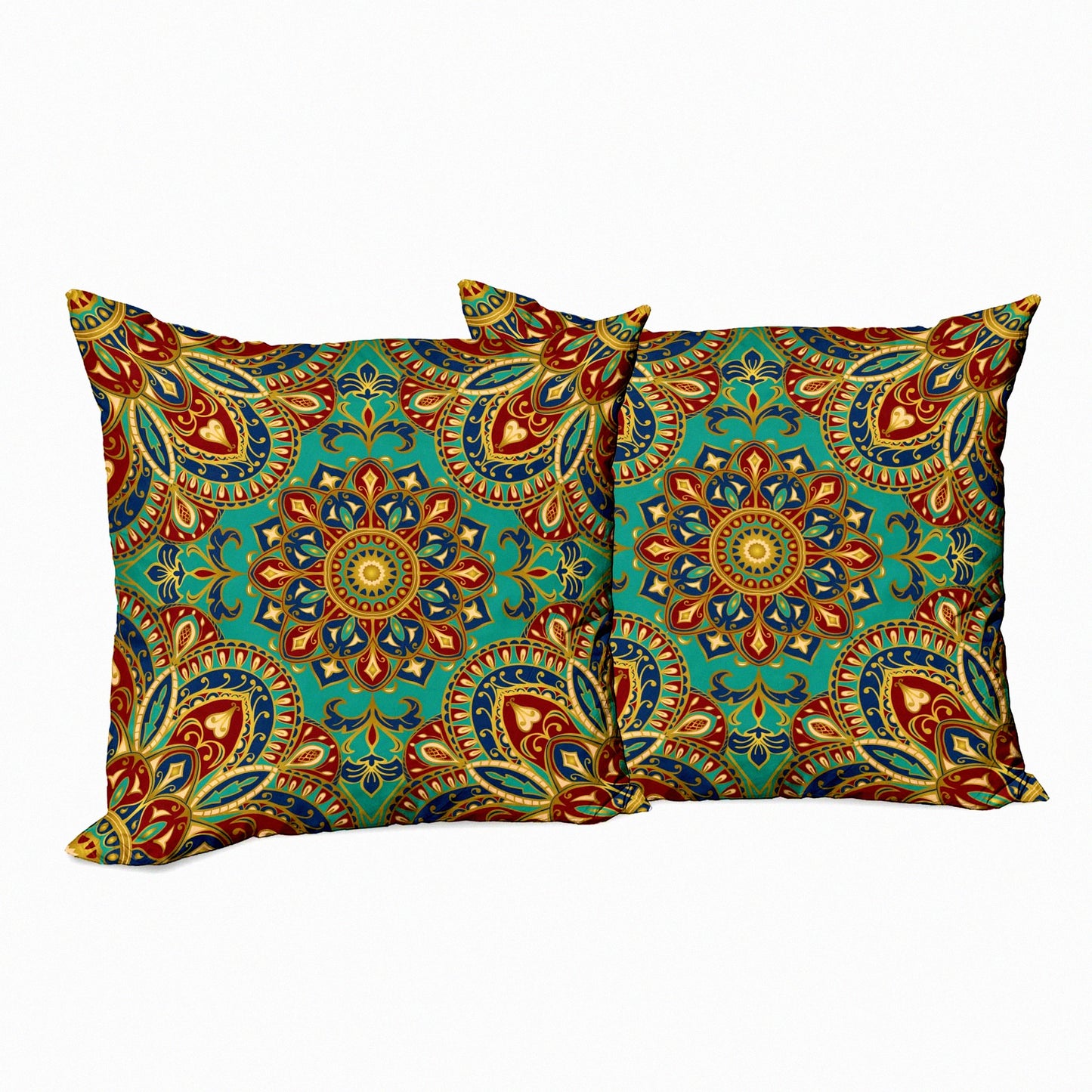 Medieval Motif Ethnic Throw Pillow Cover Set - Pack of 2, Double-Sided Digital Print Decor, Zippered Cushion Case, 18" Teal Indigo Pattern Style