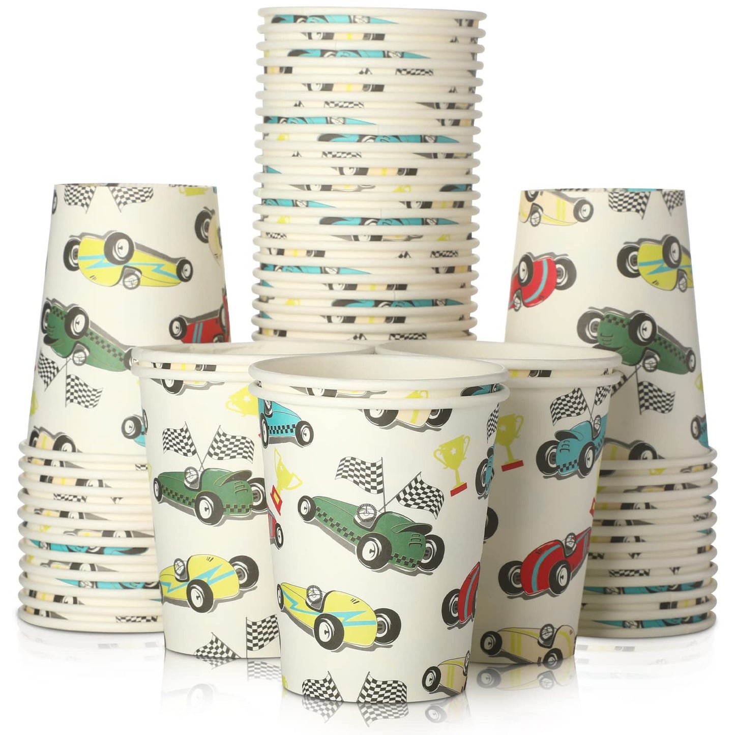 Retro Race Car Party Cups - Bulk Pack of 50 Disposable Paper Cups for Kids Boys Birthday Party - Fun Tableware Decorations and Favors