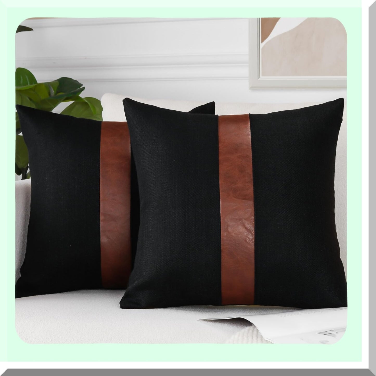 Farmhouse Stripe Patchwork Linen Leather Pillow Covers - Set of 2 | Modern Couch Living Room Bedroom Decor - 20x20 Inch Black