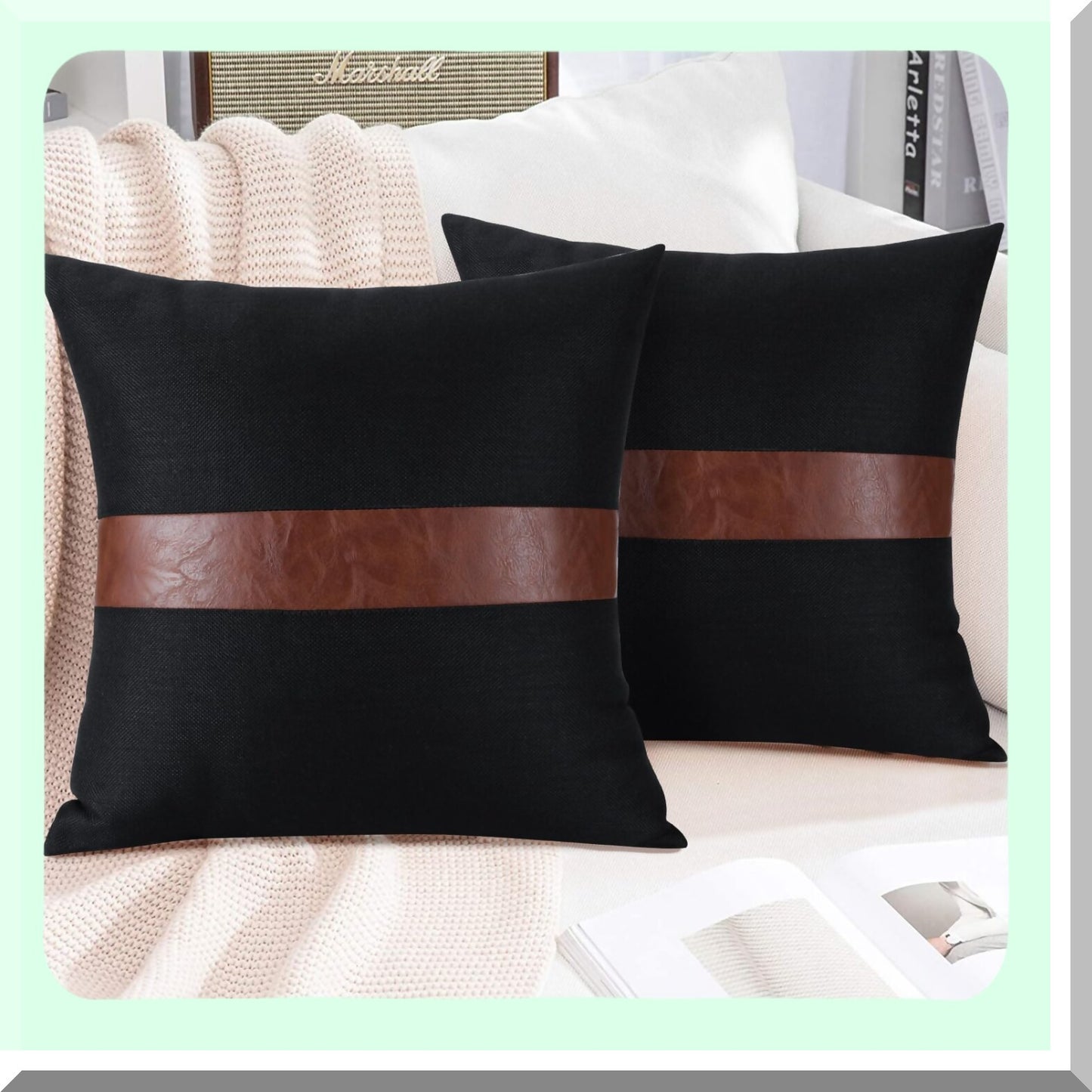 Farmhouse Stripe Patchwork Linen Leather Pillow Covers - Set of 2 | Modern Couch Living Room Bedroom Decor - 20x20 Inch Black