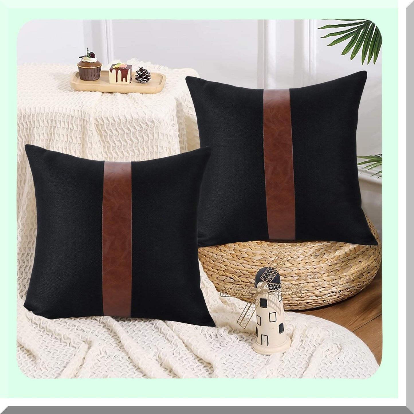 Farmhouse Stripe Patchwork Linen Leather Pillow Covers - Set of 2 | Modern Couch Living Room Bedroom Decor - 20x20 Inch Black