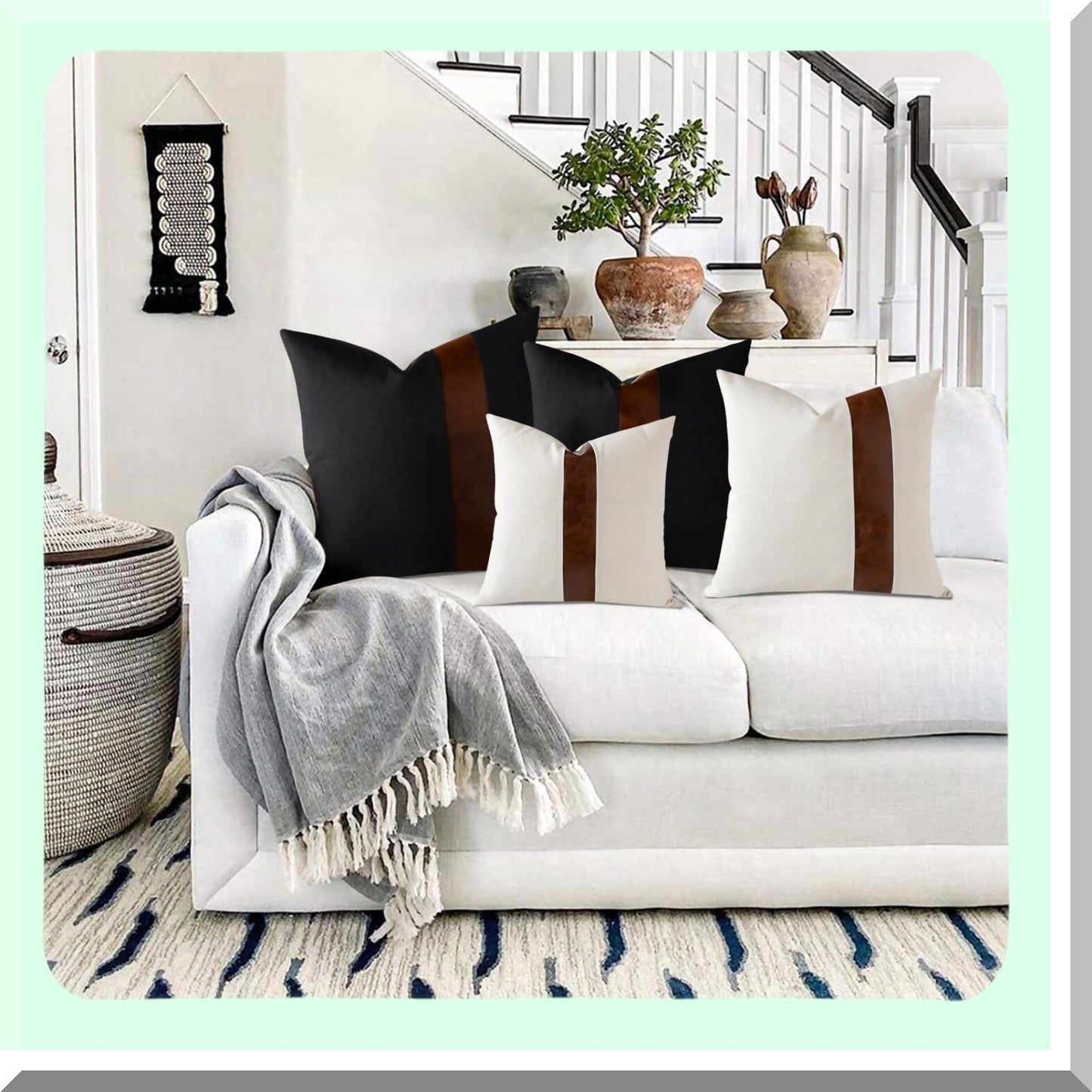 Farmhouse Stripe Patchwork Linen Leather Pillow Covers - Set of 2 | Modern Couch Living Room Bedroom Decor - 20x20 Inch Black