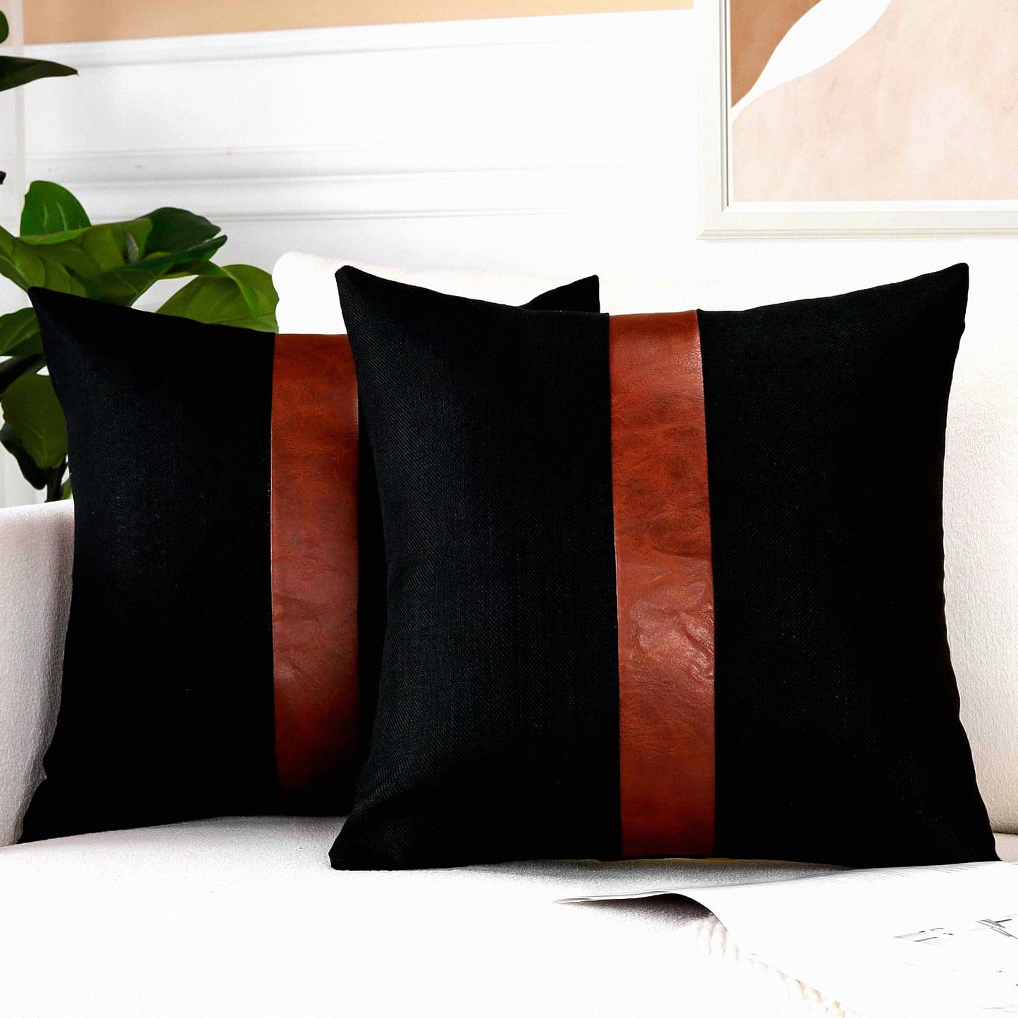 Farmhouse Stripe Patchwork Linen Leather Pillow Covers - Set of 2 | Modern Couch Living Room Bedroom Decor - 20x20 Inch Black