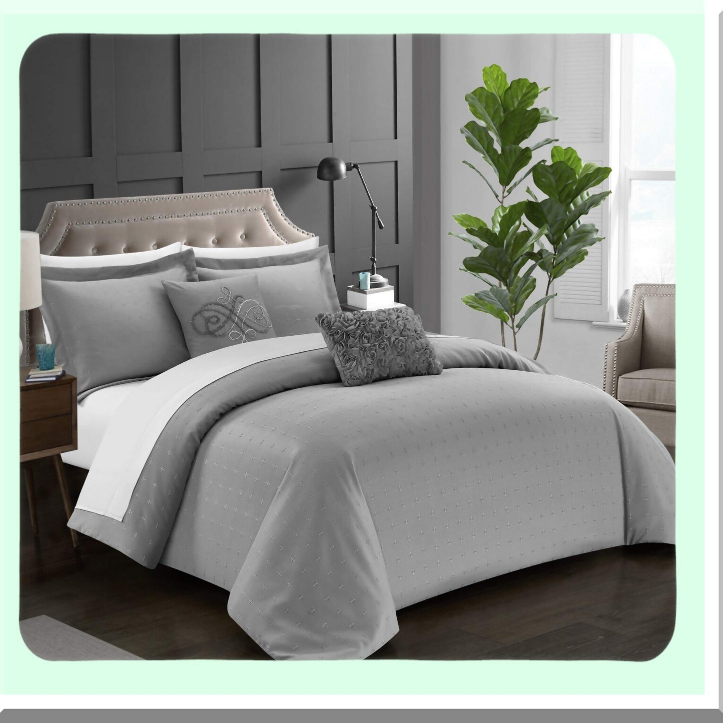 Country Charm Twin Comforter Set - 4 Piece Bedding Bundle with Pleated Design, Decorative Pillows, and Sham in Grey Color Palette
