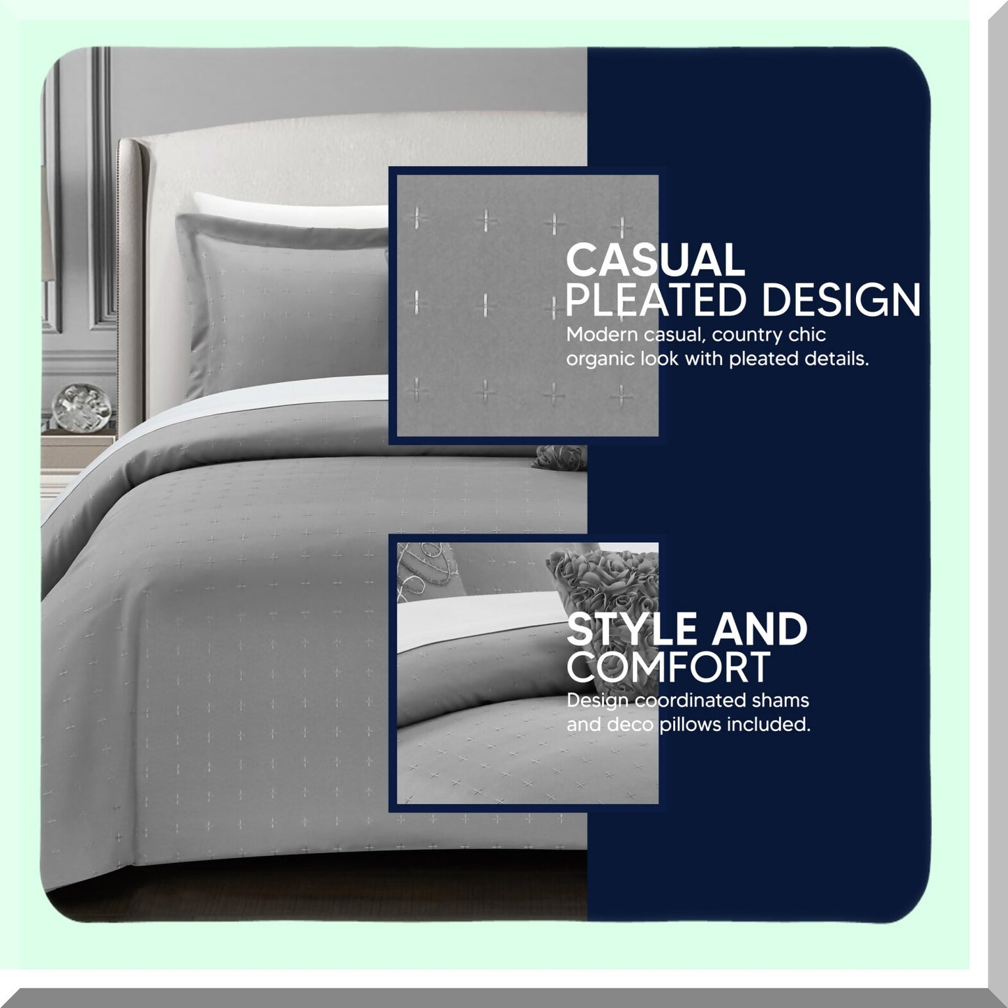 Country Charm Twin Comforter Set - 4 Piece Bedding Bundle with Pleated Design, Decorative Pillows, and Sham in Grey Color Palette