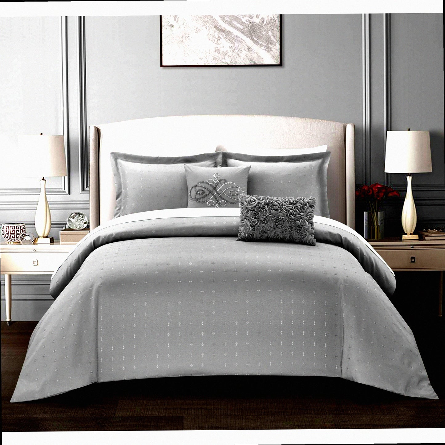 Country Charm Twin Comforter Set - 4 Piece Bedding Bundle with Pleated Design, Decorative Pillows, and Sham in Grey Color Palette
