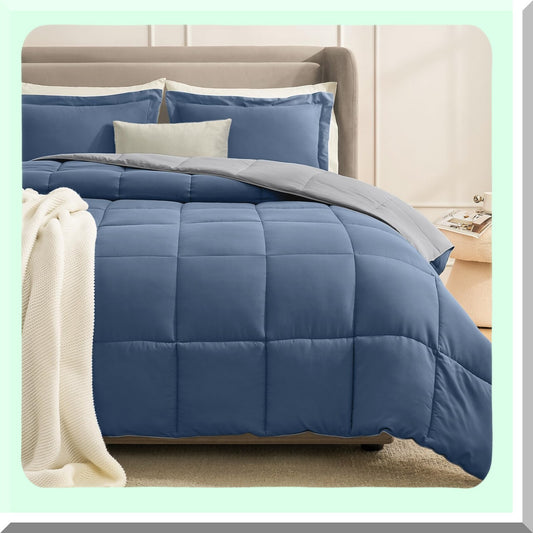 Blue Grey Reversible Comforter Set - Oversized Queen Bedding with Lightweight Down Alternative Fill, Soft All Season 3 Piece Set with 2 Shams