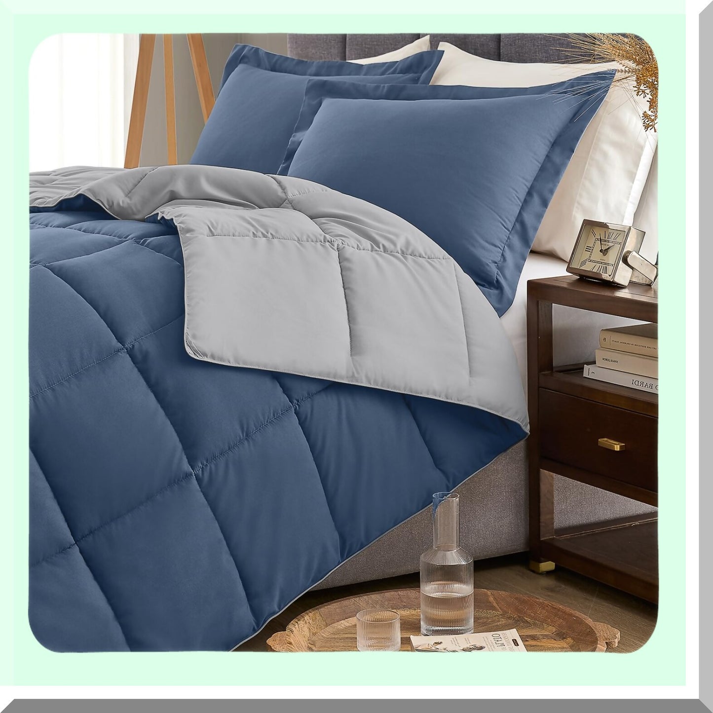 Blue Grey Reversible Comforter Set - Oversized Queen Bedding with Lightweight Down Alternative Fill, Soft All Season 3 Piece Set with 2 Shams