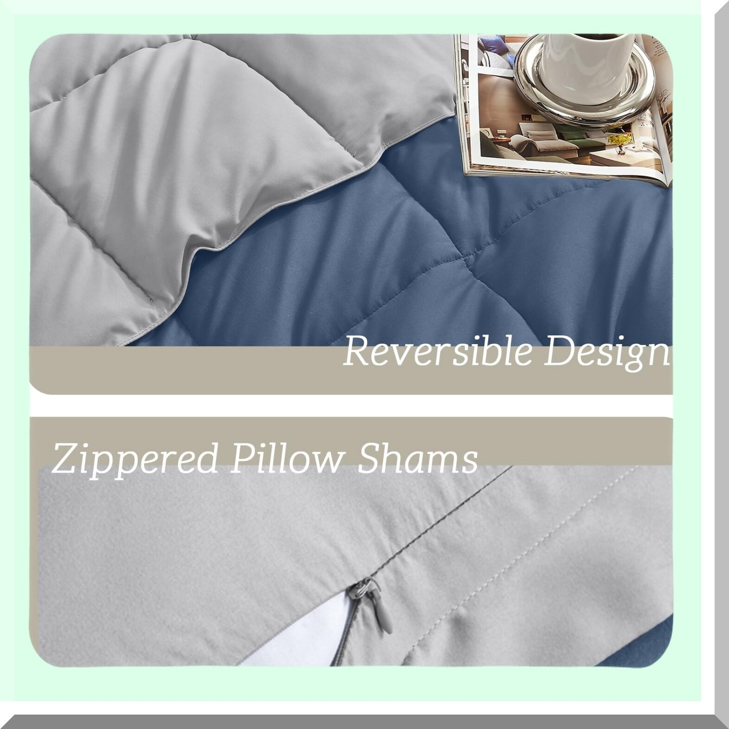 Blue Grey Reversible Comforter Set - Oversized Queen Bedding with Lightweight Down Alternative Fill, Soft All Season 3 Piece Set with 2 Shams