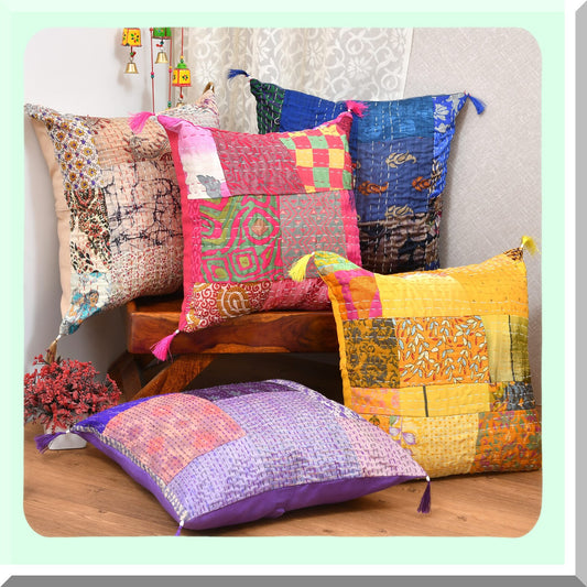 Colorful Boho Floral Silk Cushion Cover Set - Set of 5 Decorative Ethnic Square Throw Pillow Cases for Sofa Home Decor