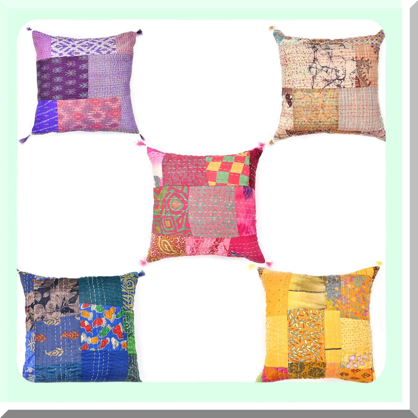 Colorful Boho Floral Silk Cushion Cover Set - Set of 5 Decorative Ethnic Square Throw Pillow Cases for Sofa Home Decor