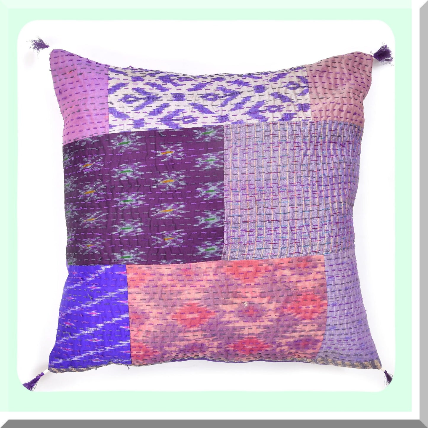 Colorful Boho Floral Silk Cushion Cover Set - Set of 5 Decorative Ethnic Square Throw Pillow Cases for Sofa Home Decor