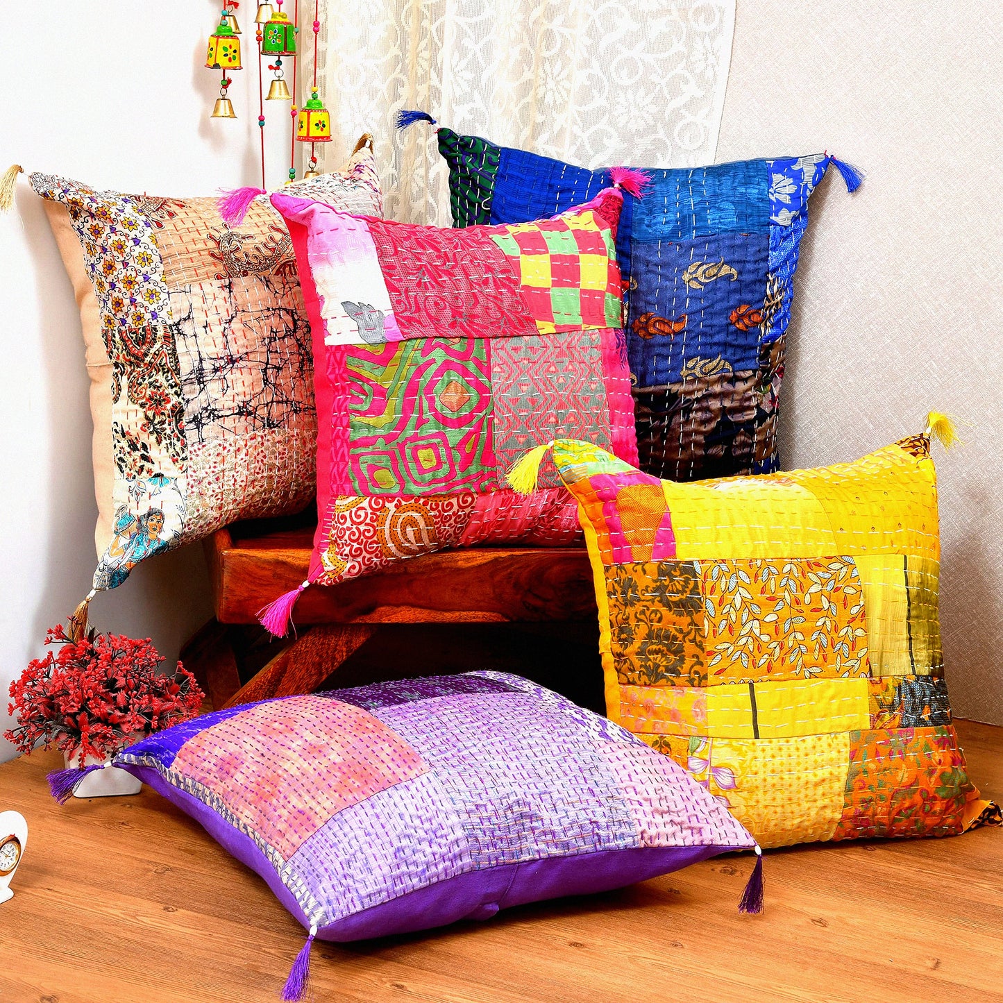 Colorful Boho Floral Silk Cushion Cover Set - Set of 5 Decorative Ethnic Square Throw Pillow Cases for Sofa Home Decor