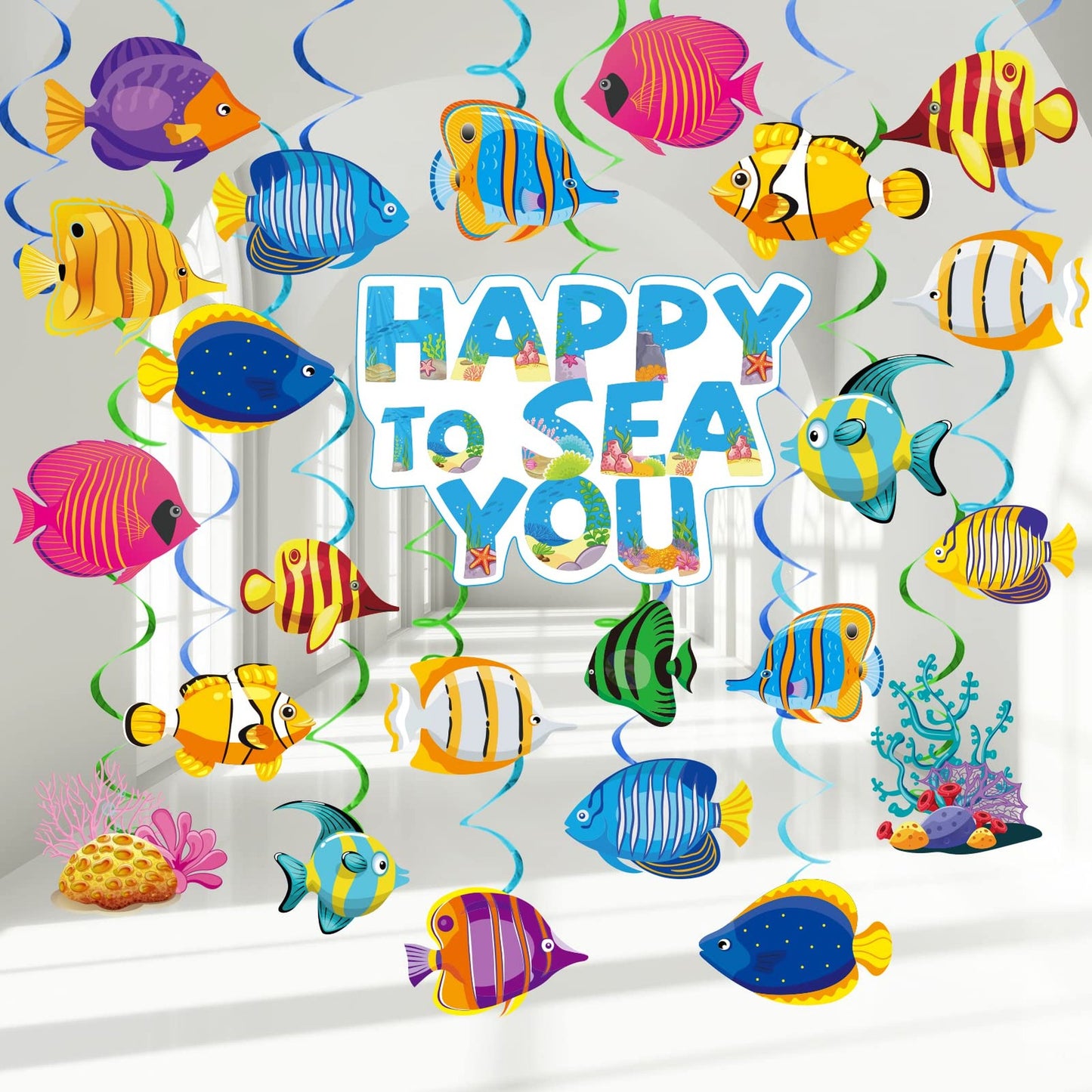 Tropical Fish Swirls - Ocean Themed Party Decorations for Boys & Girls - Under the Sea Hanging Streamers - Mermaid Creatures Spiral Supplies
