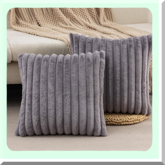 Fluffy Striped Plush Pillowcase Set - Decorative Cushion Covers for Sofa & Bedroom - Dark Grey Throw Pillow Covers - 22 x 22-Inch - Living Room Décor