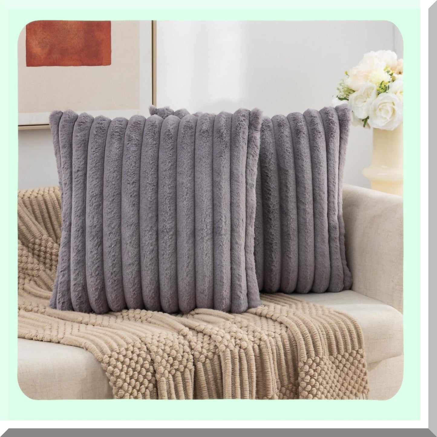 Fluffy Striped Plush Pillowcase Set - Decorative Cushion Covers for Sofa & Bedroom - Dark Grey Throw Pillow Covers - 22 x 22-Inch - Living Room Décor