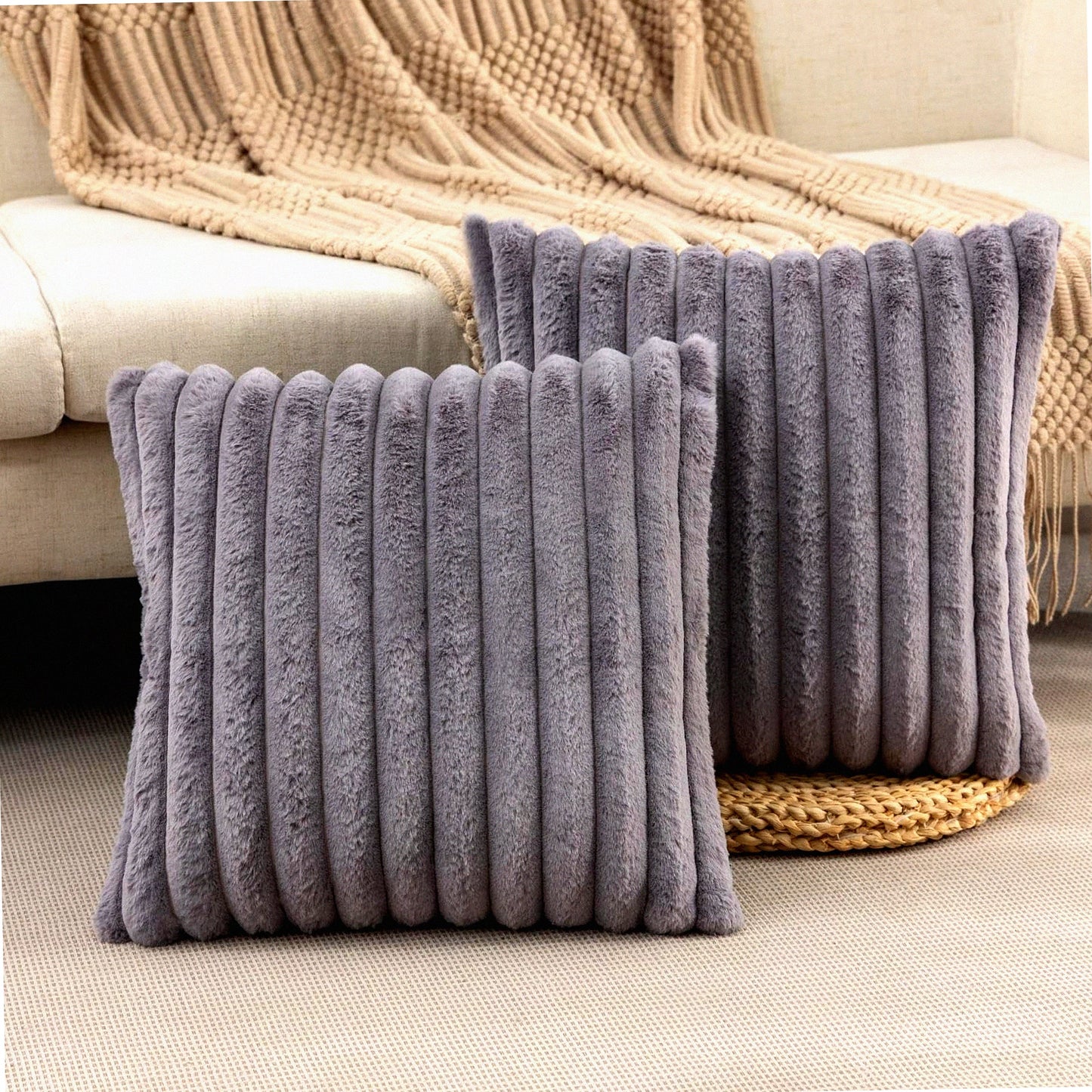 Fluffy Striped Plush Pillowcase Set - Decorative Cushion Covers for Sofa & Bedroom - Dark Grey Throw Pillow Covers - 22 x 22-Inch - Living Room Décor