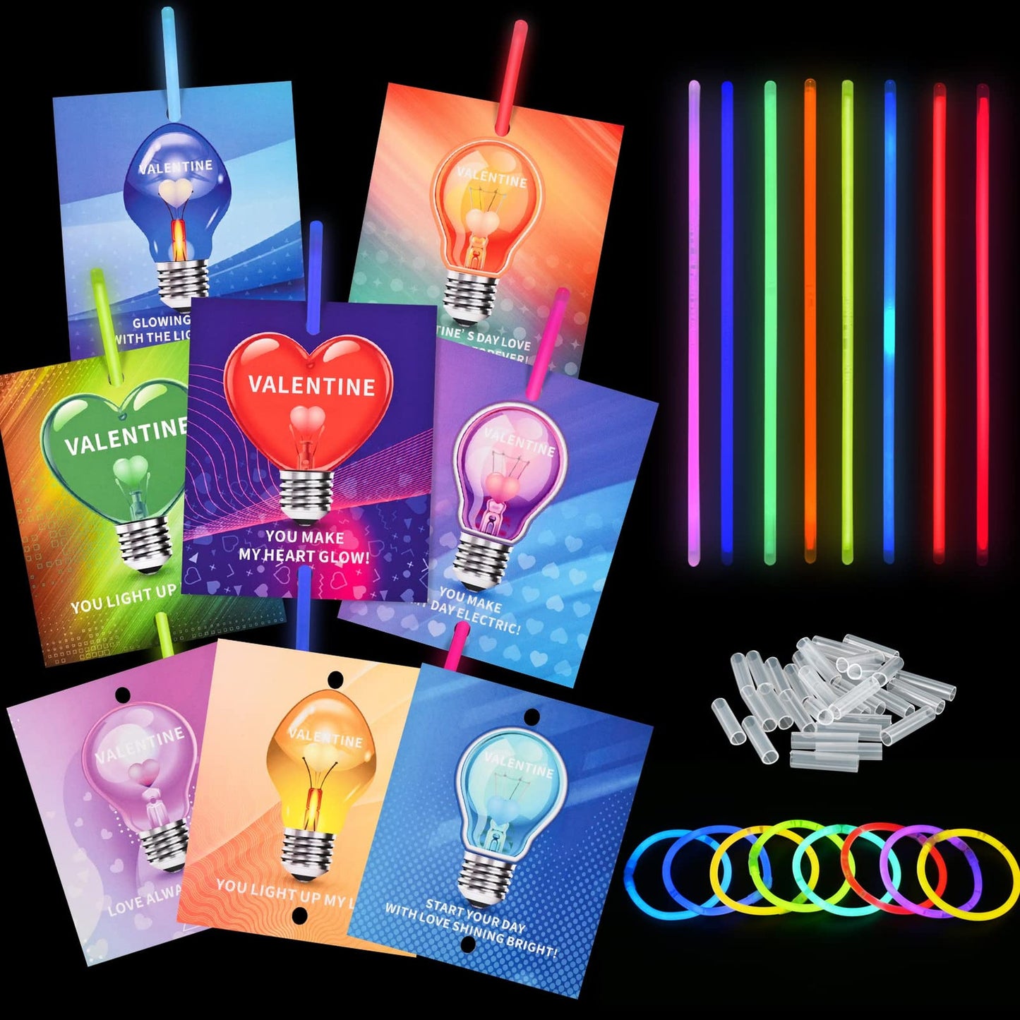 Neon Glow Valentines Day Card Pack - 36 Bracelets Included! Perfect for School Classroom Exchange, Boys and Girls Party Favors and Supplies.