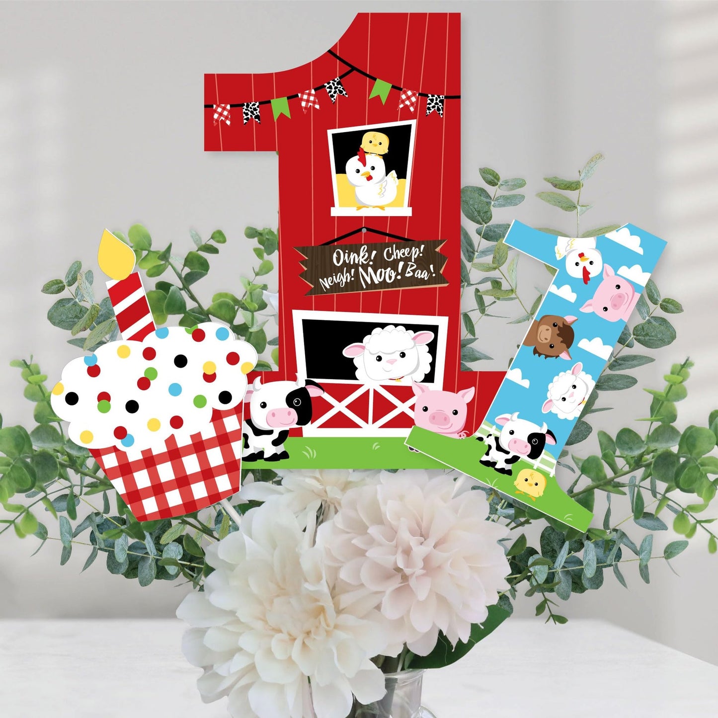 First Birthday Farm Theme Table Toppers and Centerpiece Sticks Set