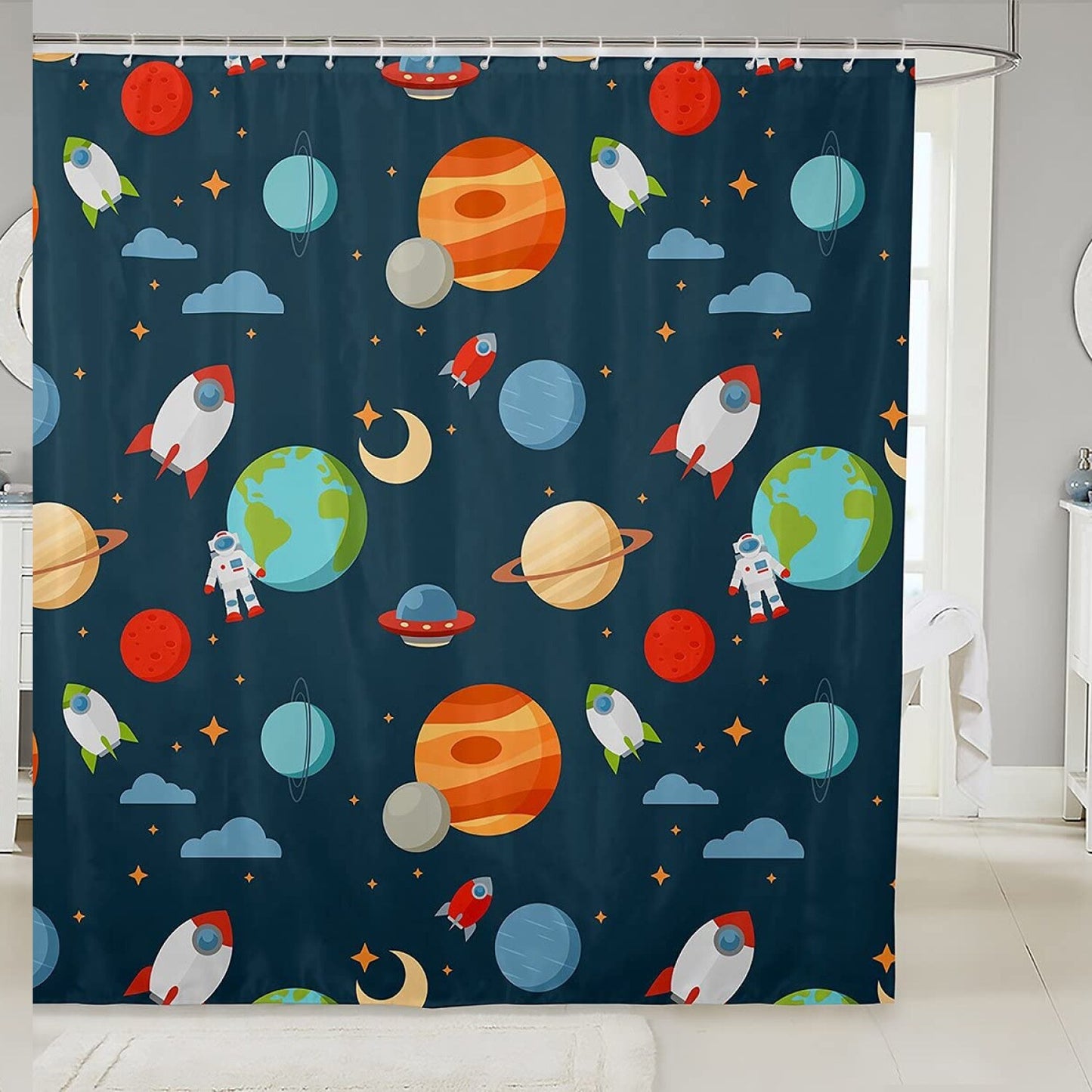 Outer Space Cartoon Shower Curtain 72x84 Inch