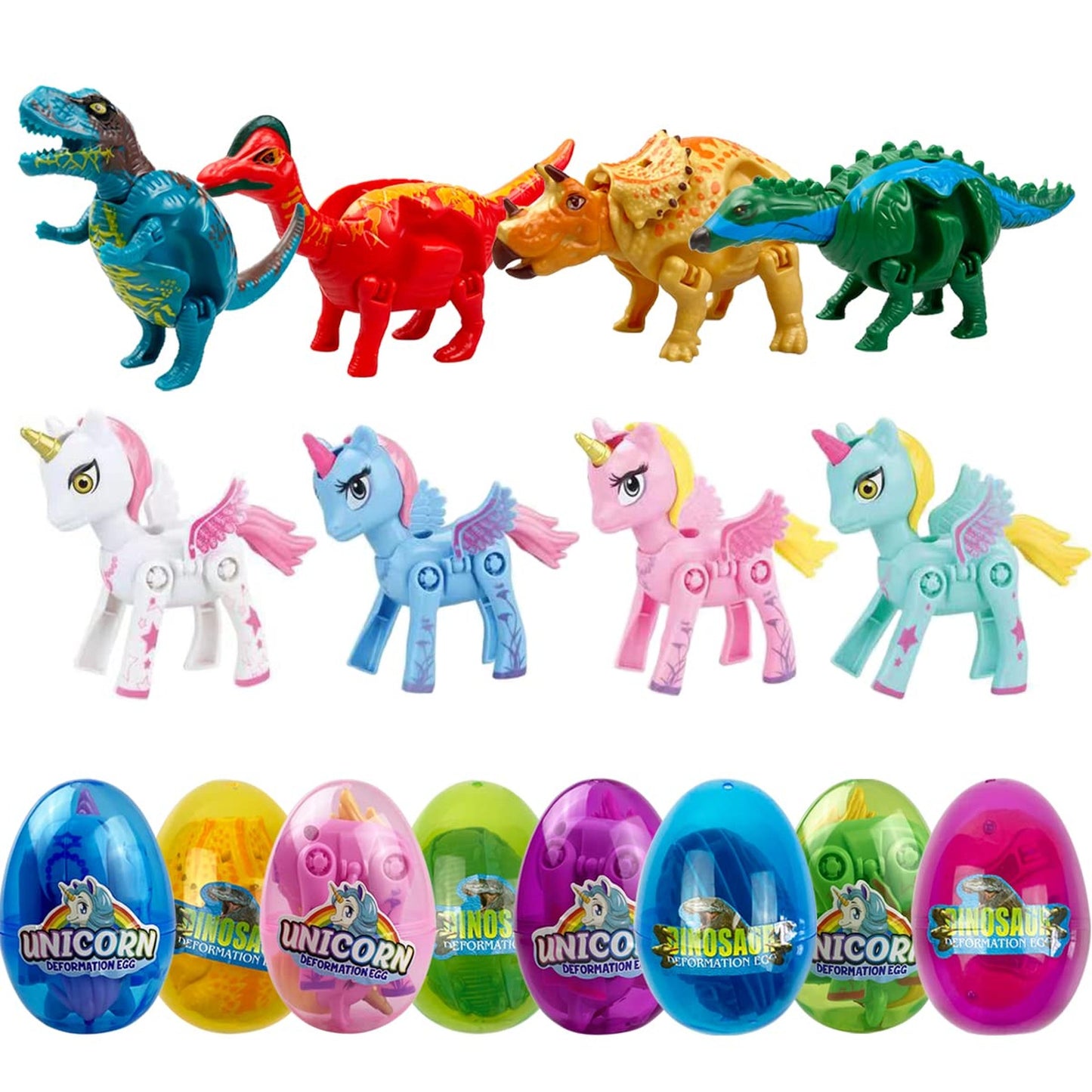Jumbo Dino-Unicorn Surprise Eggs - 8 Pack Prefilled Plastic Eggs with Toys for Kids - Basket Stuffers, Party Favors, Gifts for Boys & Girls