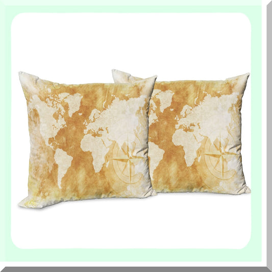 Vintage Map Decorative Pillow Cover Set - Retro Distressed Design for Couch or Bedroom - Pack of 2 Cushion Cases in Cream Tan - 18 Inch Square