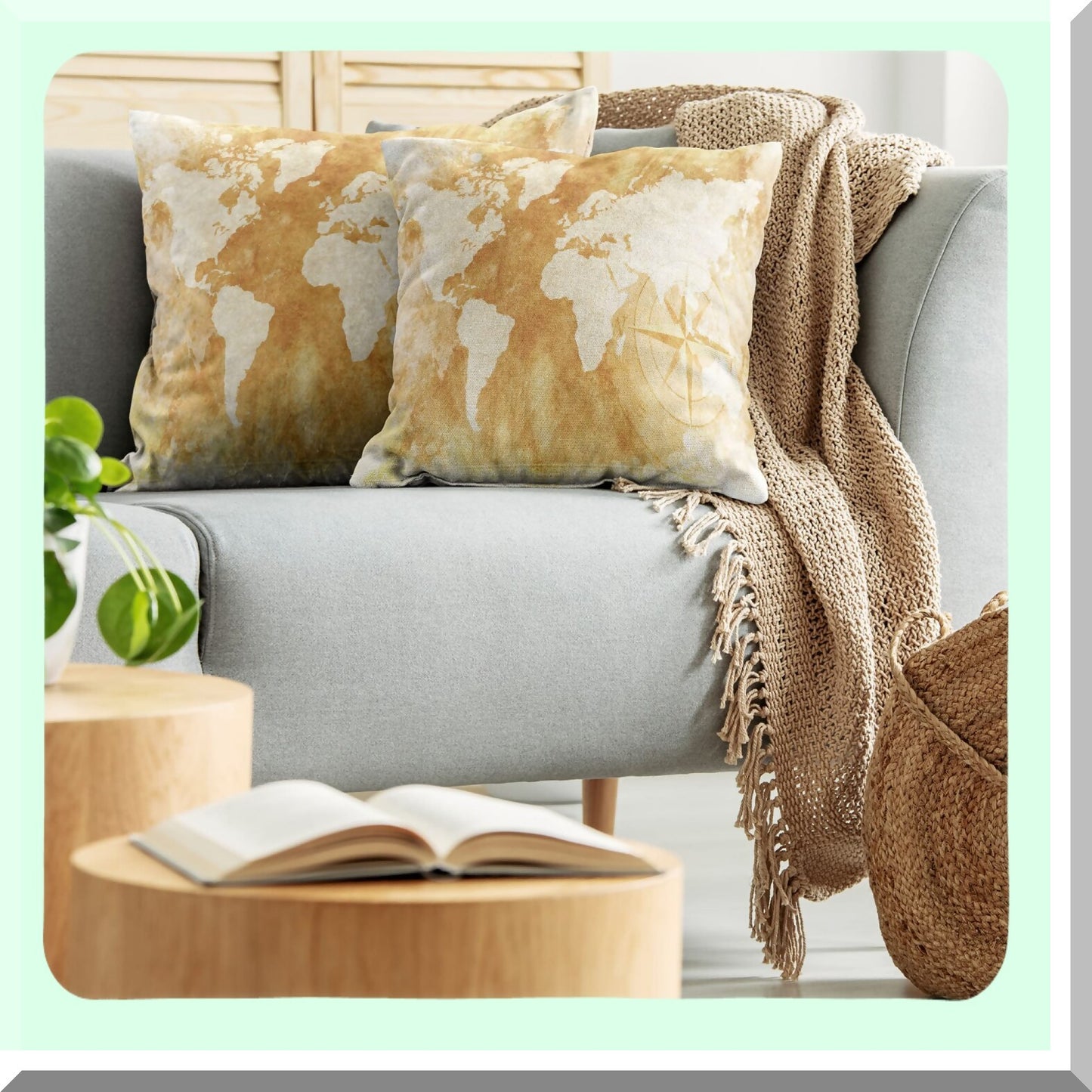 Vintage Map Decorative Pillow Cover Set - Retro Distressed Design for Couch or Bedroom - Pack of 2 Cushion Cases in Cream Tan - 18 Inch Square