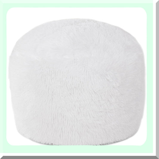 Fuzzy White Ottoman Pouf Cover - Round Foot Stool & Storage - 20"x20"x12" Floor Bean Bag - Living Room, Bedroom, Office - No Filler - Foot Rest Cover