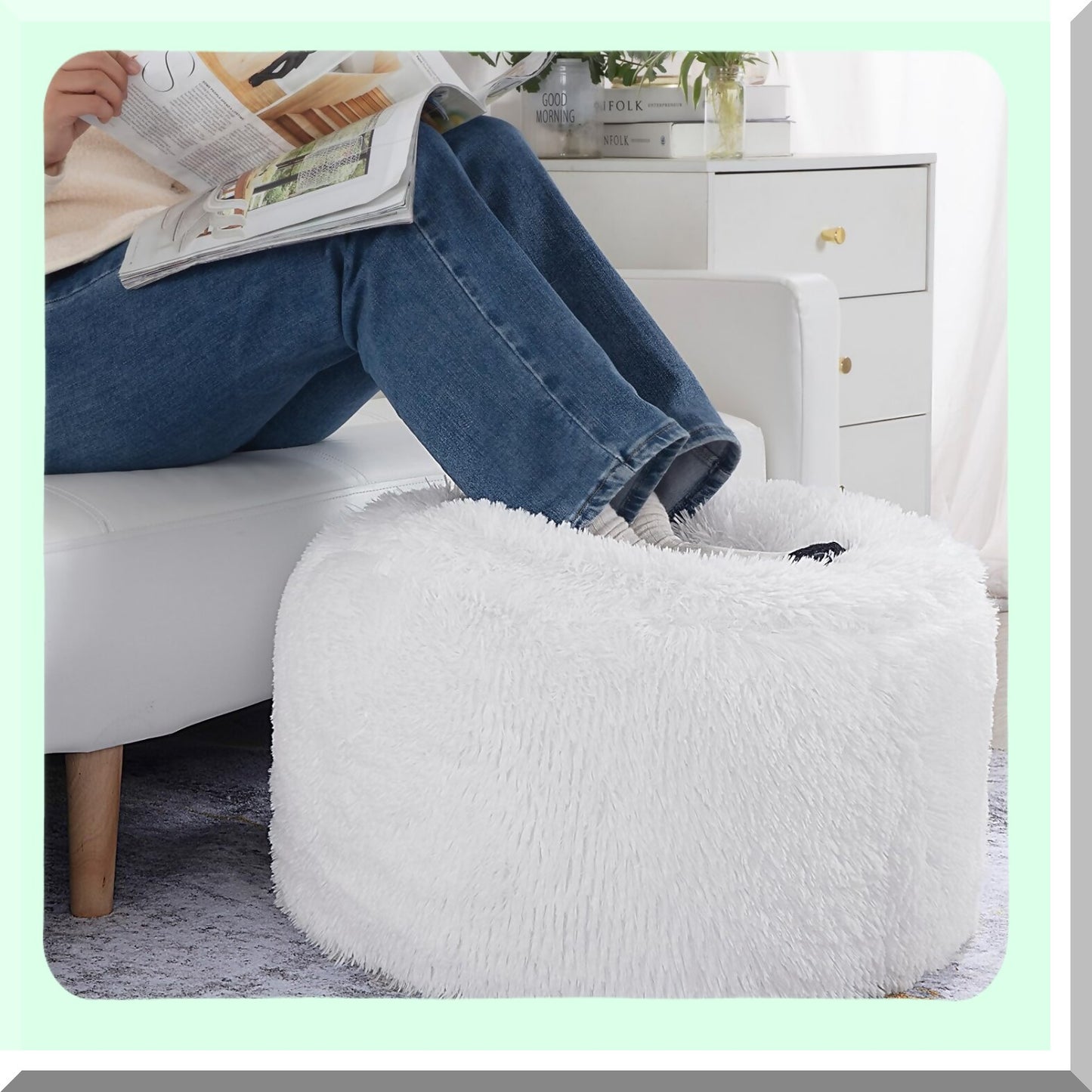 Fuzzy White Ottoman Pouf Cover - Round Foot Stool & Storage - 20"x20"x12" Floor Bean Bag - Living Room, Bedroom, Office - No Filler - Foot Rest Cover