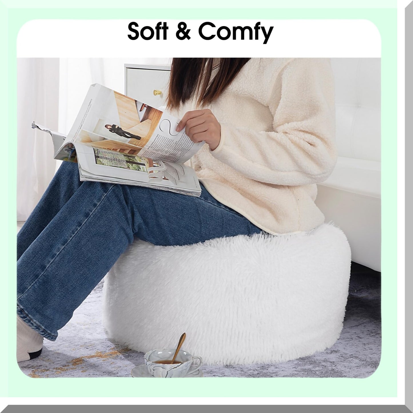 Fuzzy White Ottoman Pouf Cover - Round Foot Stool & Storage - 20"x20"x12" Floor Bean Bag - Living Room, Bedroom, Office - No Filler - Foot Rest Cover