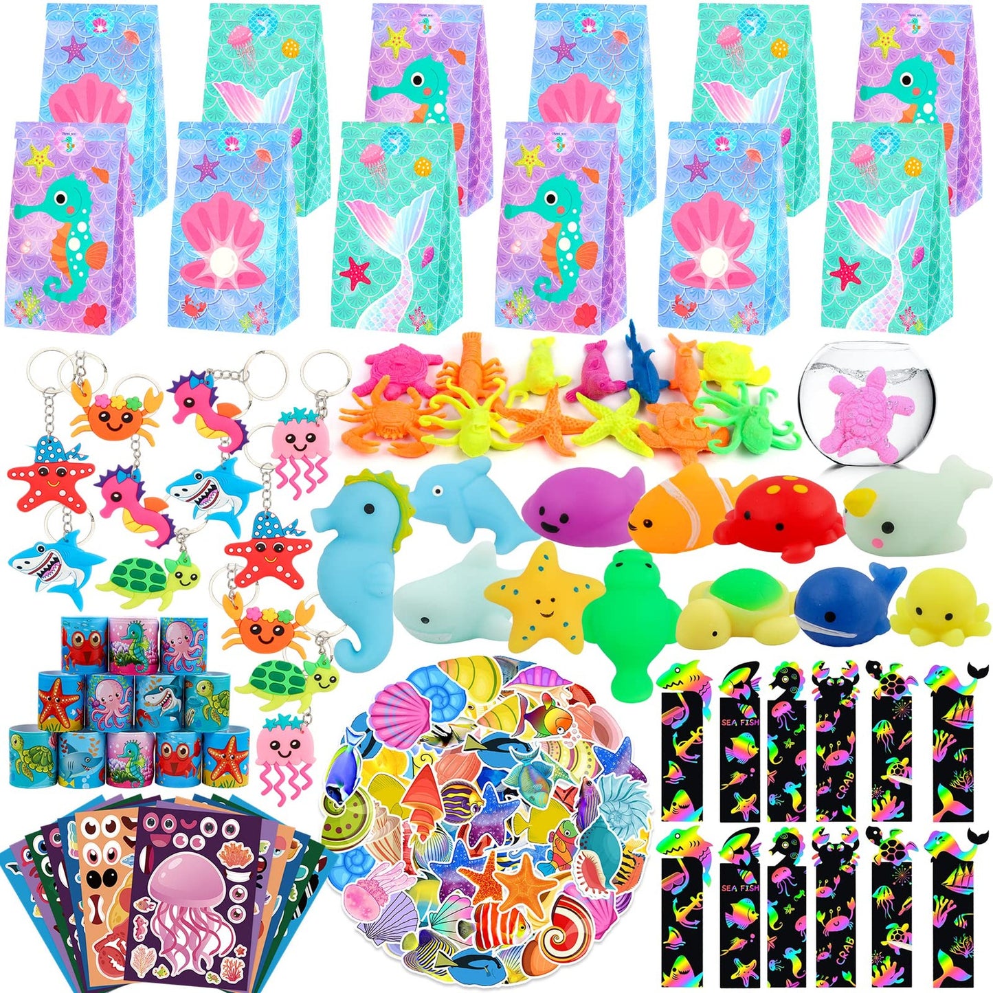 Oceanic Party Pack - 134 Piece Under Sea Birthday Supplies Set with Scratch Art, Water Grow Toys. Perfect for Goodie Bags & Decorations!