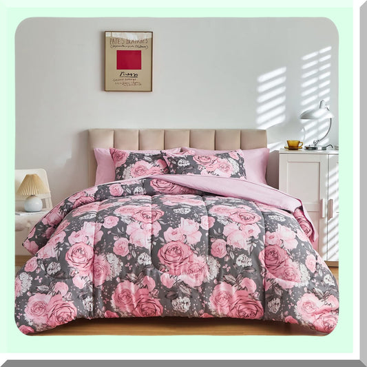 Pink White Floral Comforter Set - 7 Piece Bedding Bundle - Microfiber Reversible Bed in a Bag - Gray Pink Flower Sheet Set - 2 Pillow Shams, Flat Sheet, Fitted Sheet, 2 Pillowcases - Size Queen