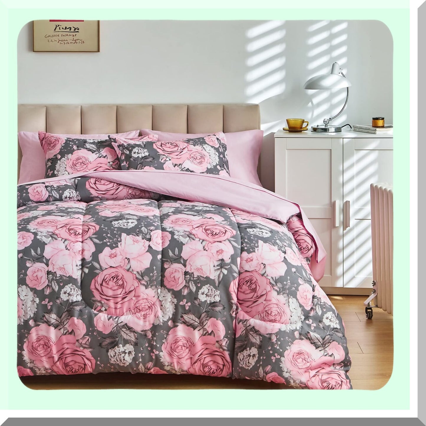 Pink White Floral Comforter Set - 7 Piece Bedding Bundle - Microfiber Reversible Bed in a Bag - Gray Pink Flower Sheet Set - 2 Pillow Shams, Flat Sheet, Fitted Sheet, 2 Pillowcases - Size Queen