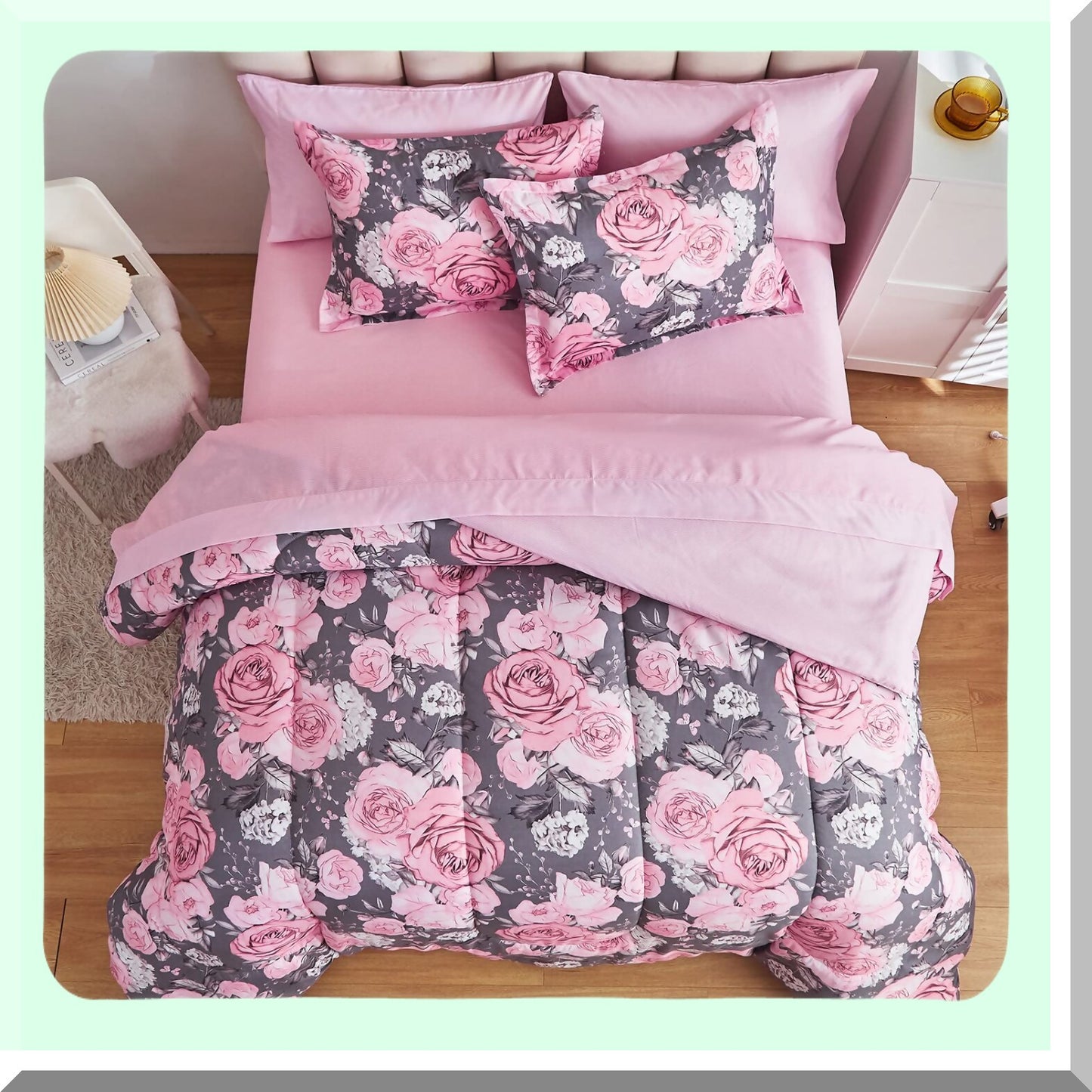Pink White Floral Comforter Set - 7 Piece Bedding Bundle - Microfiber Reversible Bed in a Bag - Gray Pink Flower Sheet Set - 2 Pillow Shams, Flat Sheet, Fitted Sheet, 2 Pillowcases - Size Queen