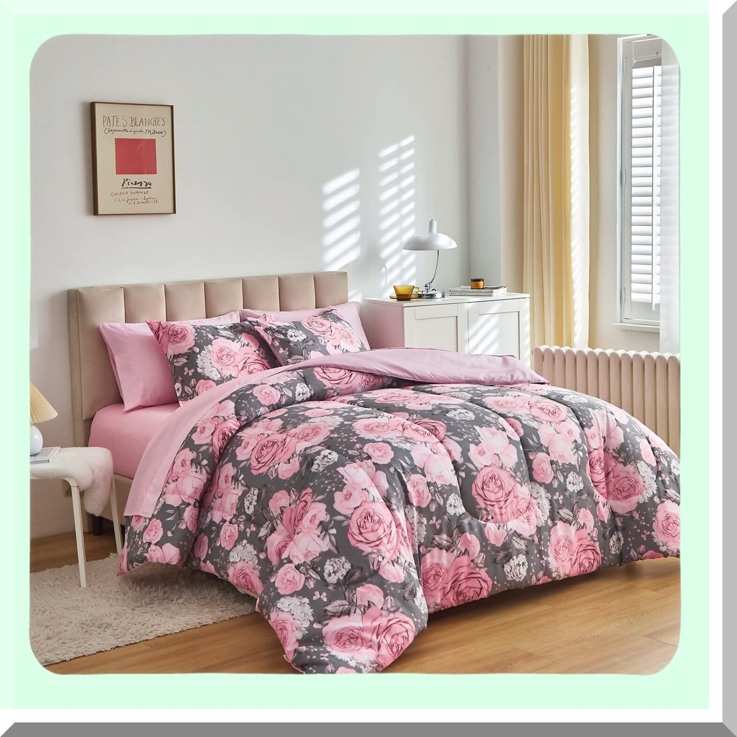 Pink White Floral Comforter Set - 7 Piece Bedding Bundle - Microfiber Reversible Bed in a Bag - Gray Pink Flower Sheet Set - 2 Pillow Shams, Flat Sheet, Fitted Sheet, 2 Pillowcases - Size Queen