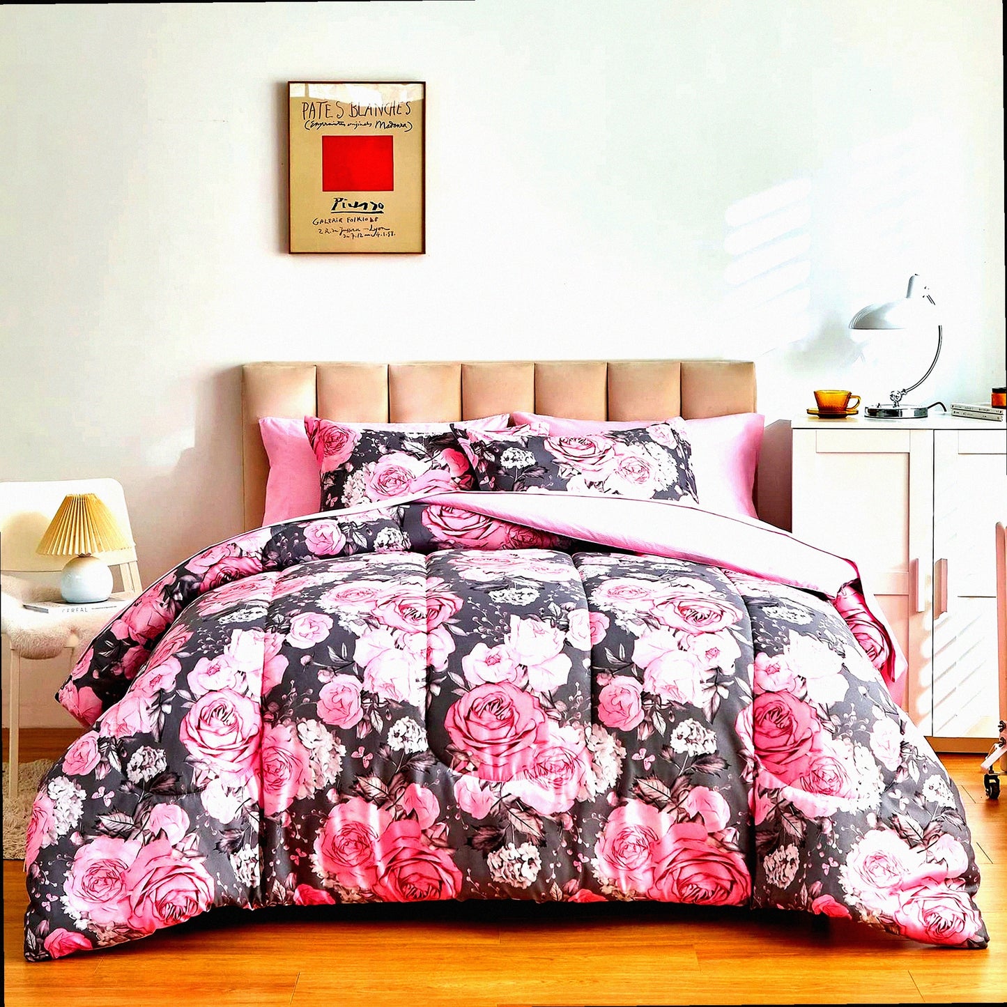 Pink White Floral Comforter Set - 7 Piece Bedding Bundle - Microfiber Reversible Bed in a Bag - Gray Pink Flower Sheet Set - 2 Pillow Shams, Flat Sheet, Fitted Sheet, 2 Pillowcases - Size Queen