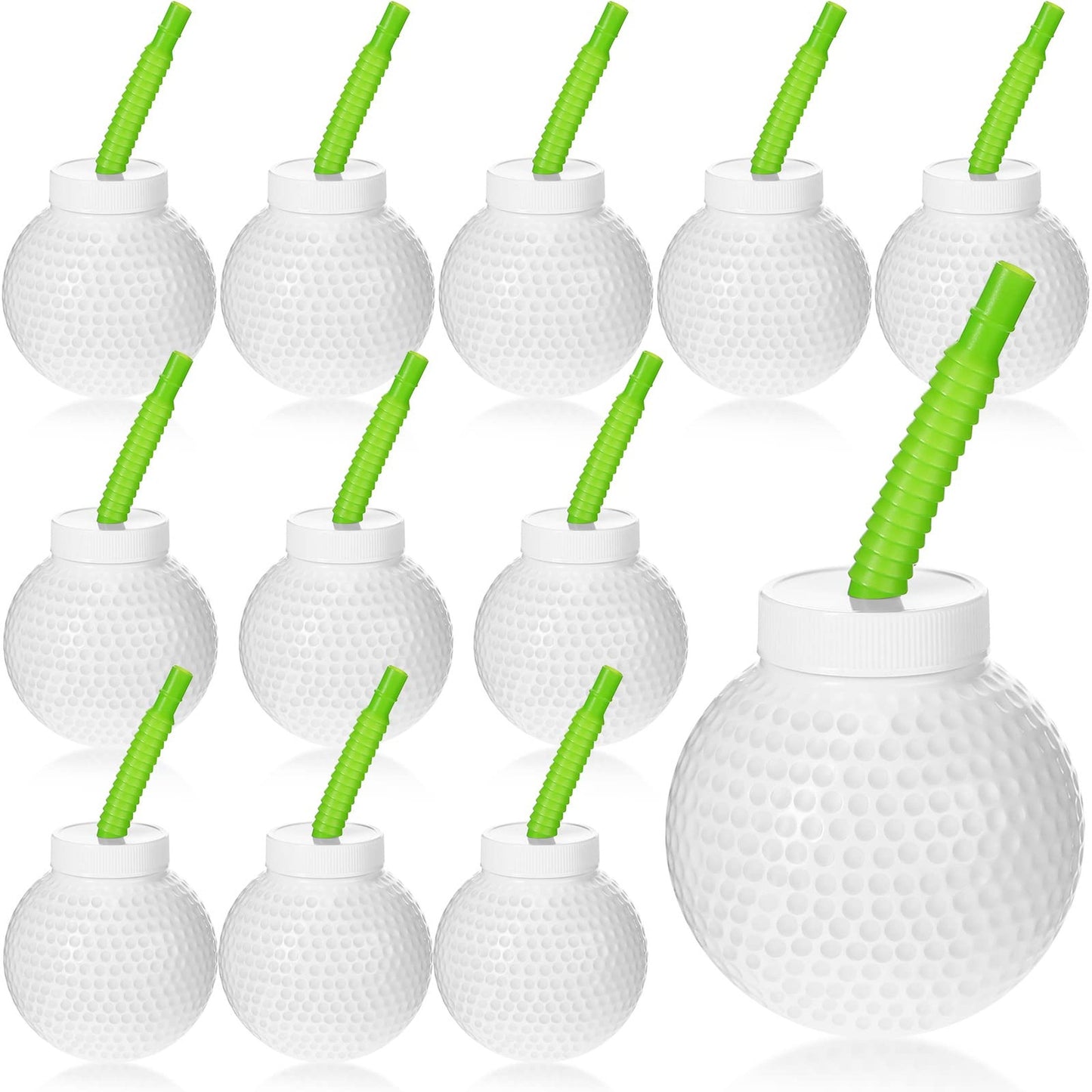 Golf Ball Cup Straws - 12 Pack Plastic Reusable Party Cups with Lids, 10 oz Bulk Set for Kids Birthday Theme Party Supplies