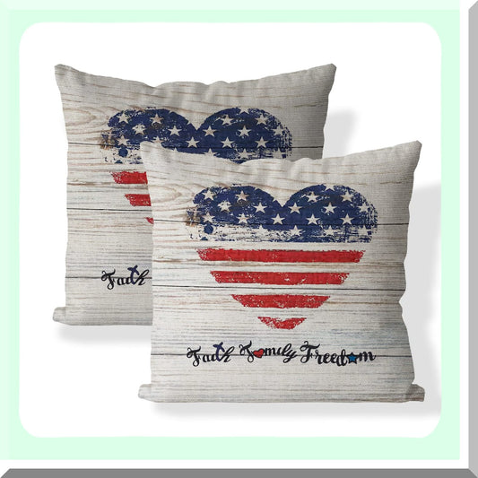 Patriotic Heart Flag Family Faith Freedom Pillow Covers - Set of 2, 18 X 18 Inch Independence Day Throw Pillows, Memorial Day Printed Cushion Covers
