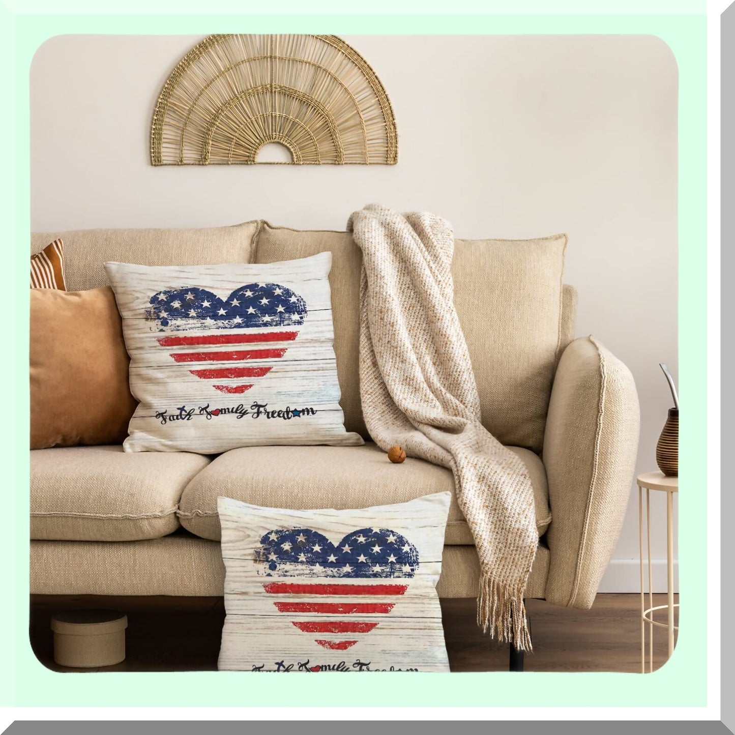 Patriotic Heart Flag Family Faith Freedom Pillow Covers - Set of 2, 18 X 18 Inch Independence Day Throw Pillows, Memorial Day Printed Cushion Covers