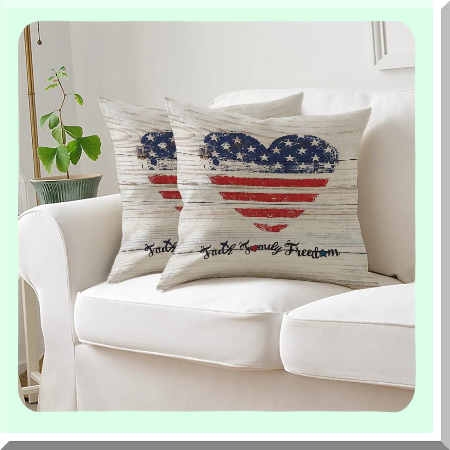 Patriotic Heart Flag Family Faith Freedom Pillow Covers - Set of 2, 18 X 18 Inch Independence Day Throw Pillows, Memorial Day Printed Cushion Covers
