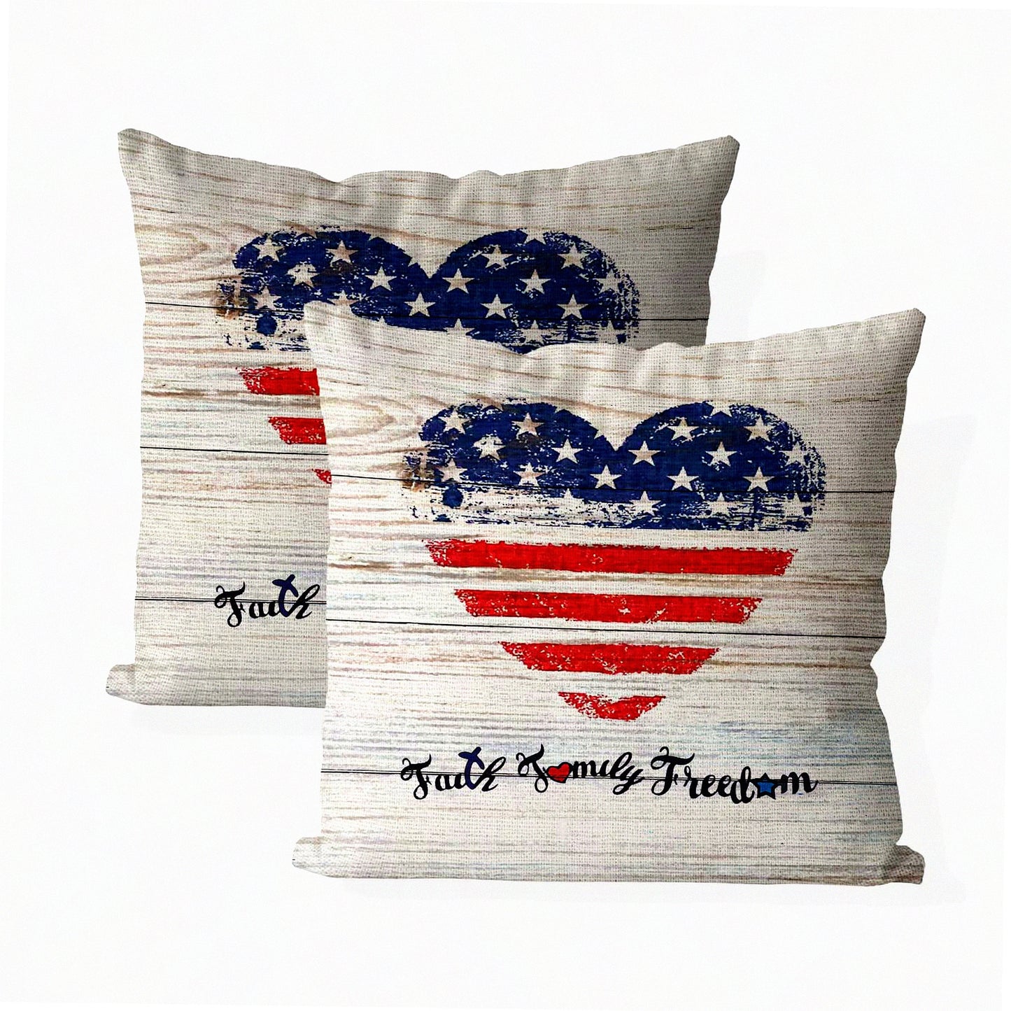 Patriotic Heart Flag Family Faith Freedom Pillow Covers - Set of 2, 18 X 18 Inch Independence Day Throw Pillows, Memorial Day Printed Cushion Covers