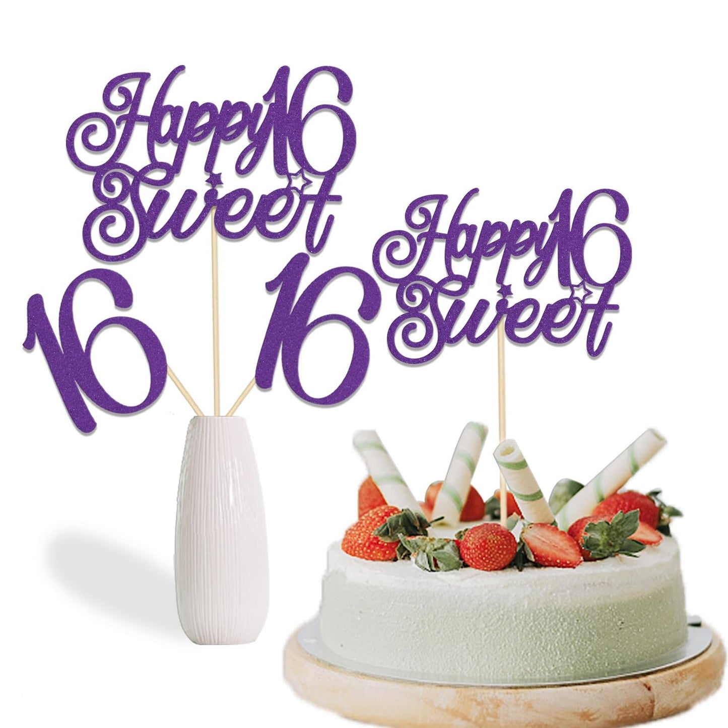 Sweet 16th Celebration Pack - Purple Cake Topper & Centerpiece Sticks Set for Birthday Anniversary Party, 12 Pcs Happy Birthday Decorations