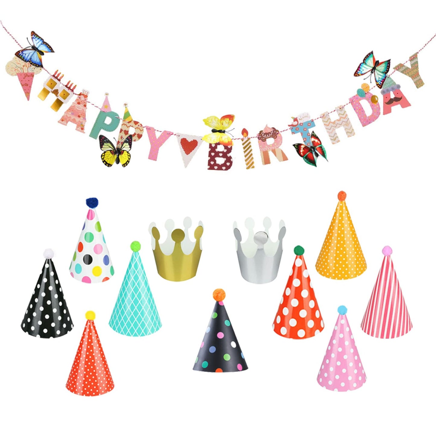 Colorful Butterfly Birthday Party Hat Set - Includes Happy Birthday Banner, 3D Butterflies, Party Cone Hats, and Crown Hats for Kids Birthday Decorations.