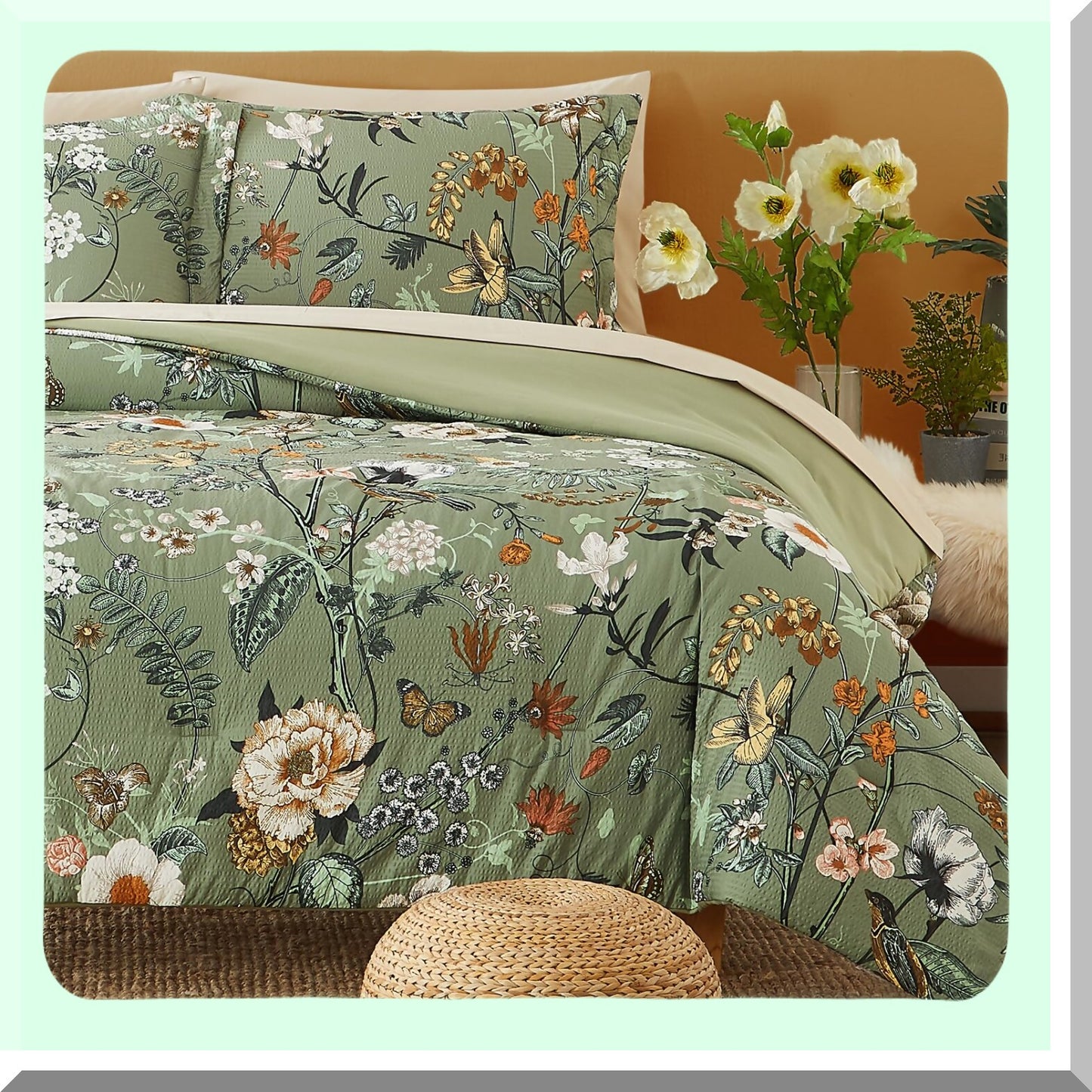 Green Butterfly Floral Seersucker Comforter Set - 7 PCS Queen Size Bedding with Flowers Leaves Pattern, All Season Microfiber, Decor Pillow Included