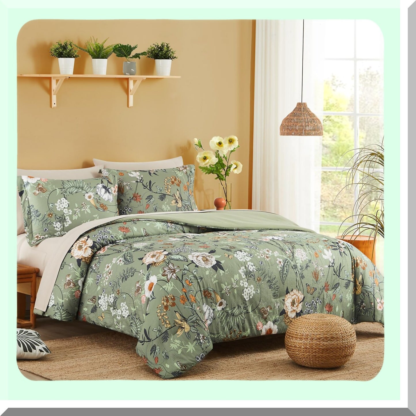 Green Butterfly Floral Seersucker Comforter Set - 7 PCS Queen Size Bedding with Flowers Leaves Pattern, All Season Microfiber, Decor Pillow Included