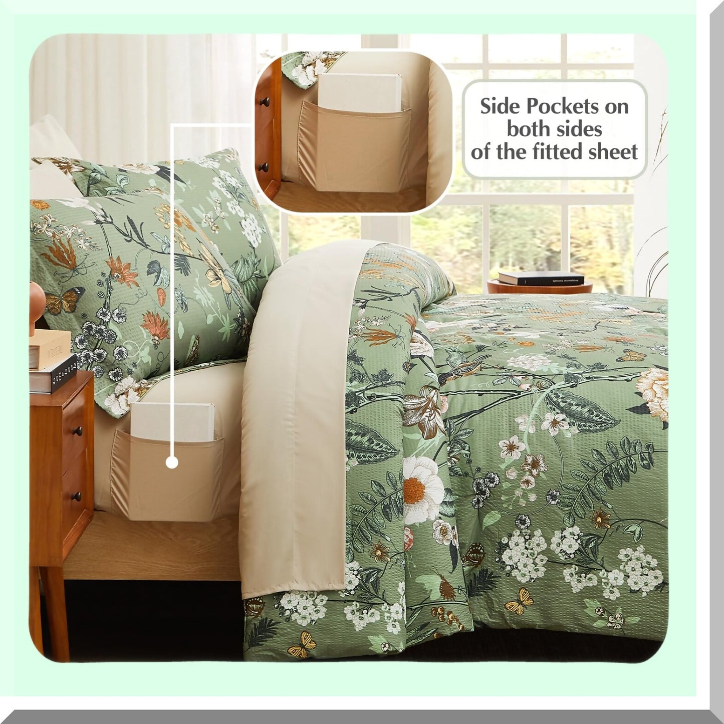 Green Butterfly Floral Seersucker Comforter Set - 7 PCS Queen Size Bedding with Flowers Leaves Pattern, All Season Microfiber, Decor Pillow Included